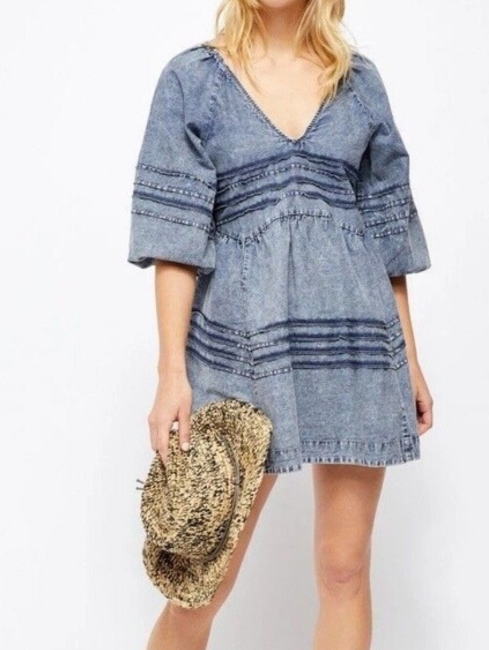 Free People washeddenim puff sleeve open, tie-back mini dress - Picture 7 of 14